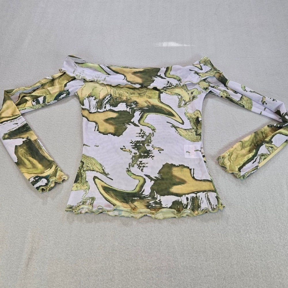 VRG GRL Mesh Top Womens 6 Green Purple Abstract Off Shoulder Lettuce Edge Trim